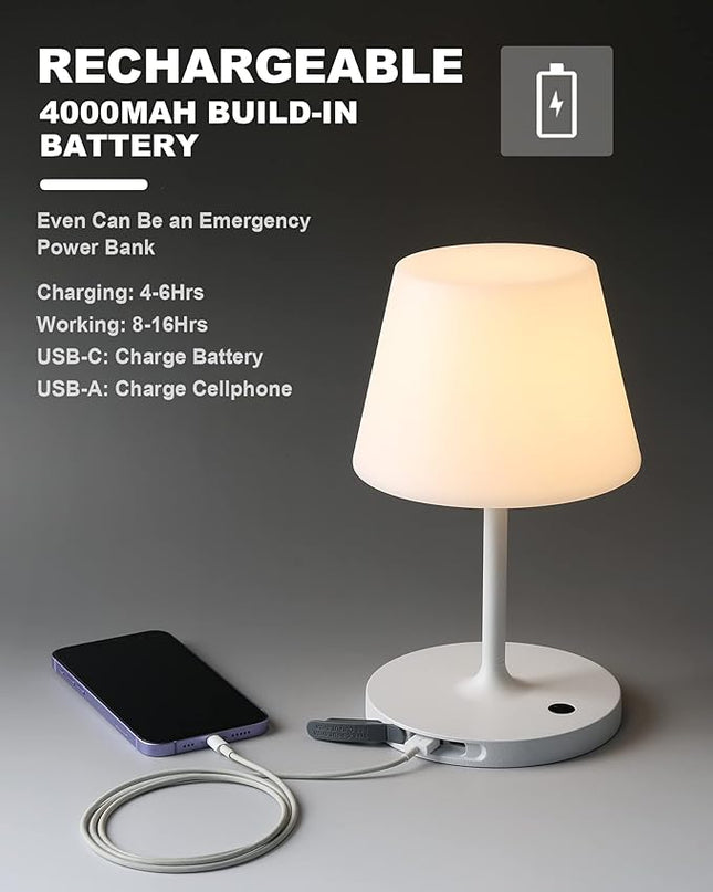Outdoor Battery Operated Table Lamp Waterproof, 4000mAh Cordless Table Lamp Rechargeable, Touch Dimmable Desk Lamp, LED Night Light for Patio Camping Restaurant Home, H9.6in, White - LeafyLoom