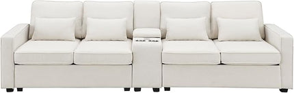 114.2" Linen Upholstered Sofa with Consoleand 2 USB Ports Wired or Wirelessly Charged,Modern 4-Seat Couches W/ 4 Pillows and Two Cupholders,for Living Room,Apartment,Beige - LeafyLoom