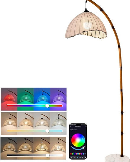 Retro Bamboo Floor Lamp - Unique Bohemian Hanging Arc Floor Lamp with Antique Rattan Style, RGB Colorful Dimmable Vertical Lamp for Dining Room Farmhouse Study Living Room - LeafyLoom