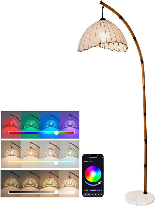 Retro Bamboo Floor Lamp - Unique Bohemian Hanging Arc Floor Lamp with Antique Rattan Style, RGB Colorful Dimmable Vertical Lamp for Dining Room Farmhouse Study Living Room - LeafyLoom