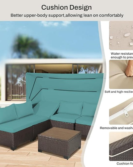 6 PCS Outdoor Patio Furniture Set,Sectional Sofa Set,Rattan Daybed with Retractable Canopy,Adjustable Backrest,Storage Coffee Table,Chaise Chair Sunbed for Garden Poolside Backyard(Walnut Green) - LeafyLoom