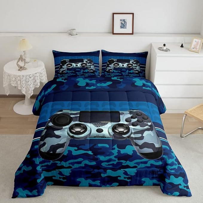 Gamer Comforter Set Camouflage Gaming Video Game Bedding Set for Kids Boys Children Blue Camo Gamer Console Comforter Soft Gamepad Decor Quilt Set Full Size - LeafyLoom