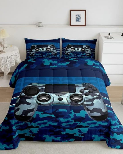 Feelyou Gamer Comforter Set Camouflage Gaming Video Game Bedding Set for Kids Boys Children Blue Camo Gamer Console Comforter Soft Gamepad Decor Quilt Set Twin Size - LeafyLoom