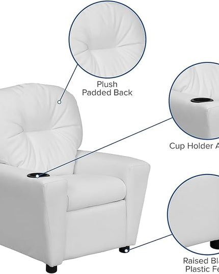 Flash Furniture Chandler Vinyl Kids Recliner with Cup Holder and Safety Recline, Contemporary Reclining Chair for Kids, Supports up to 90 lbs., White - LeafyLoom