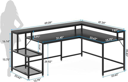 L-Shaped Desk with Monitor Shelf, Black - LeafyLoom