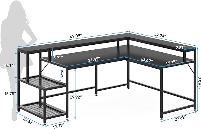 L-Shaped Desk with Monitor Shelf, Black - LeafyLoom