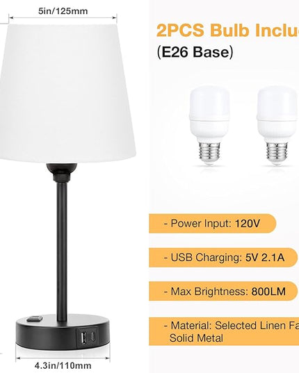White Bedside Lamps for bedrooms Set of 2 - Nightstand Bedroom Lamp with USB C Port and AC Outlet Charging, 3 Way Dimmable Touch Control Small White Bed Side Table Lamp, Nightstand Light for Kids - LeafyLoom