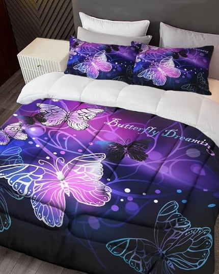 Sunnycitron 3D Purple Butterfly Bedding Twin Comforter Set Dreamy Butterfly Comforter Set for Girls and Women, Soft, Breathable, Fade Resistant 3 Piece- includes 1 Comforter and 2 Pillowcase - LeafyLoom