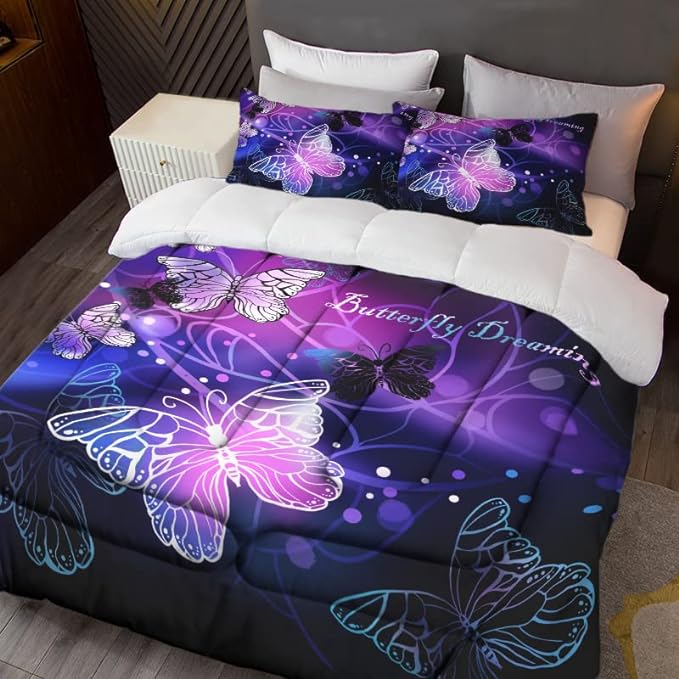 Sunnycitron 3D Purple Butterfly Bedding Twin Comforter Set Dreamy Butterfly Comforter Set for Girls and Women, Soft, Breathable, Fade Resistant 3 Piece- includes 1 Comforter and 2 Pillowcase - LeafyLoom