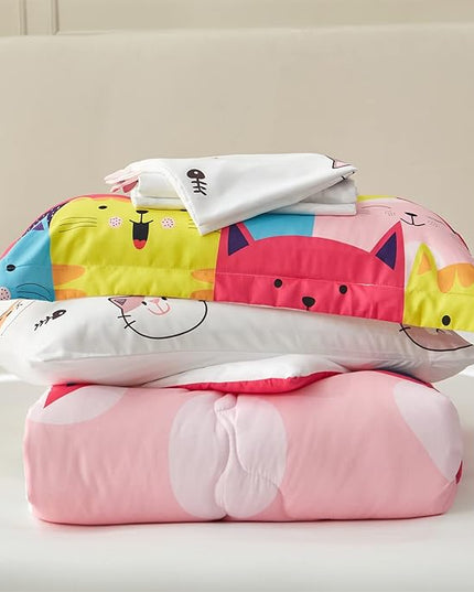 Wajade Kids Cute Cats Comforter Set Bed in A Bag Twin Size 7 Piece Colorful Cartoon Pet Cats Bedding Set for Boys Girls (1 Comforter, 1 Flat Sheet, 1 Fitted Sheet, 2 Pillowcase and 2 Pillow Sham) - LeafyLoom