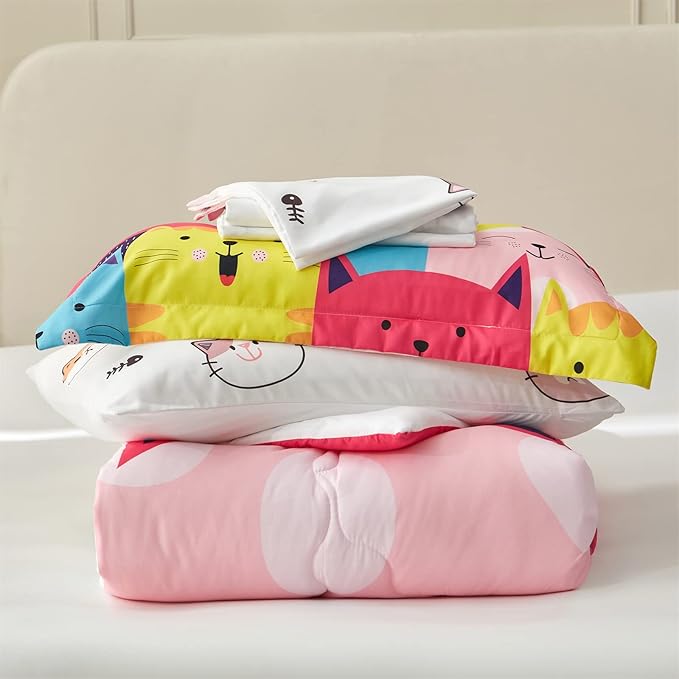 Wajade Kids Cute Cats Comforter Set Bed in A Bag Full Size 7 Piece Colorful Cartoon Pet Cats Bedding Set for Boys Girls (1 Comforter, 1 Flat Sheet, 1 Fitted Sheet, 2 Pillowcase and 2 Pillow Sham) - LeafyLoom