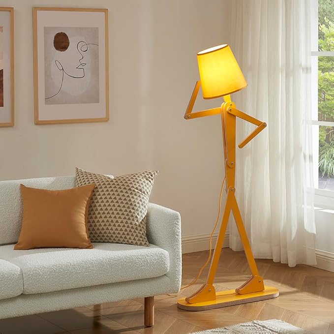 Cool Mini Wood Floor Lamp for Living Room Bedroom Farmhouse - Corner Decorative Reading Standing Light Creative Swing Arm Arc Design Gift for Kids Room (Egg Yellow) - LeafyLoom