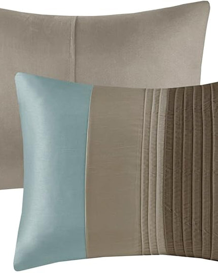 Madison Park Amherst Faux Silk Comforter Set-Casual Contemporary Design All Season Down Alternative Bedding, Matching Shams, Bedskirt, Decorative Pillows, King(104"x92"), Blue, 7 Piece (MP10-043) - LeafyLoom