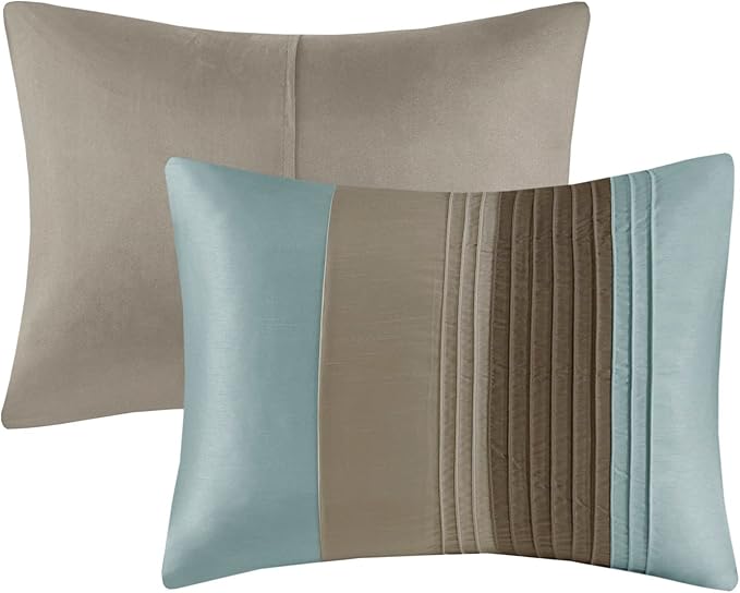 Madison Park Amherst Faux Silk Comforter Set-Casual Contemporary Design All Season Down Alternative Bedding, Matching Shams, Bedskirt, Decorative Pillows, King(104"x92"), Blue, 7 Piece (MP10-043) - LeafyLoom