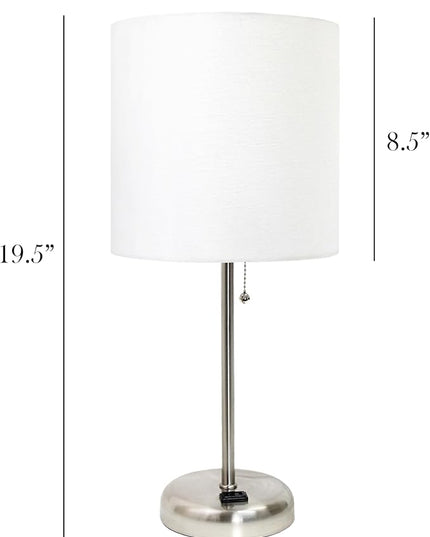 Simple Designs LT1144-WHT Sleek and Slender Brushed Steel Table Lamp with Charging Outlet, for Bedroom, Living Room, Entryway, Office, Dining Room, Study, White Shade - LeafyLoom