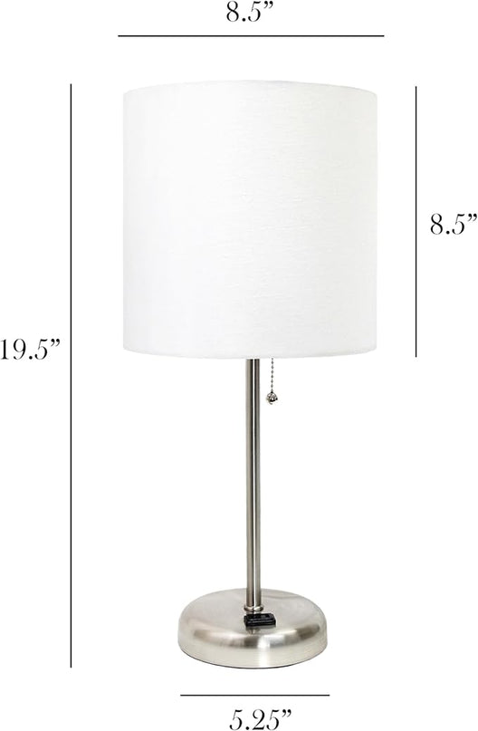 Simple Designs LT1144-WHT Sleek and Slender Brushed Steel Table Lamp with Charging Outlet, for Bedroom, Living Room, Entryway, Office, Dining Room, Study, White Shade - LeafyLoom