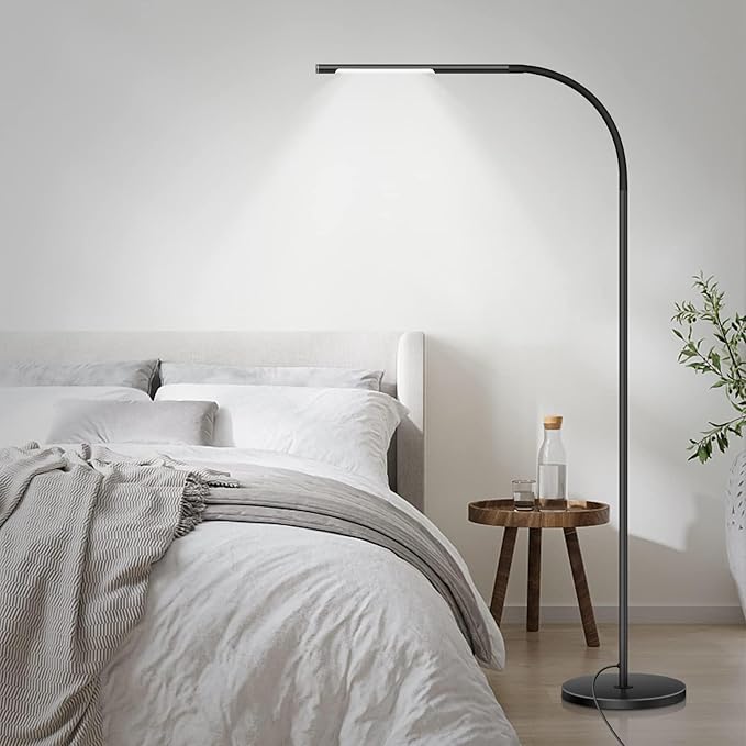 LED Modern Floor Lamps, Flexible Gooseneck Standing Reading Light W/Stable Base, 4 Color & 5 Brightness Dimmer, Touch & Remote Control, for Living Room, Chair, Couch, Office Task (Black) - LeafyLoom