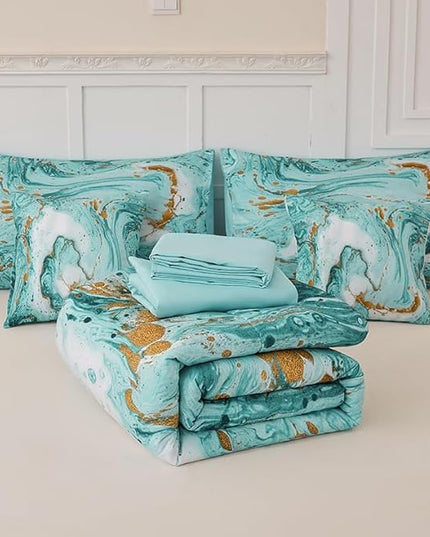 Marble Green Comforter Set Queen,7Pcs Light Green and Gold Comforter,Light Green Tie Dye Bedding Sets Queen Bed in a Bag,Green Marble Comforter Sets,Bedroom Decoration Queen 7Pcs - LeafyLoom