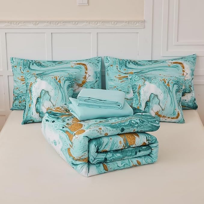 Marble Green Comforter Set Queen,7Pcs Light Green and Gold Comforter,Light Green Tie Dye Bedding Sets Queen Bed in a Bag,Green Marble Comforter Sets,Bedroom Decoration Queen 7Pcs - LeafyLoom