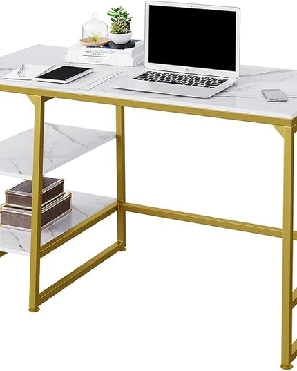 CIVANA Metal Office Desk，43 Inch Small Study Desk,Gold Office Desk with 2 Tier Storage Space，Computer Desk Modern Simple Style，Sturdy Writing Workstation for Home & Office，White Marble + Gold Leg - LeafyLoom