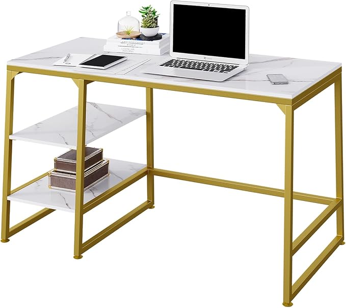 CIVANA Metal Office Desk，43 Inch Small Study Desk,Gold Office Desk with 2 Tier Storage Space，Computer Desk Modern Simple Style，Sturdy Writing Workstation for Home & Office，White Marble + Gold Leg - LeafyLoom