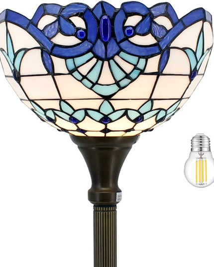 WERFACTORY Tiffany Floor Lamp Navy Blue Baroque Stained Glass Light 12X12X66 Inches Pole Torchiere Standing Corner Torch Uplight Decor Bedroom Living Room Home Office S003B Series - LeafyLoom