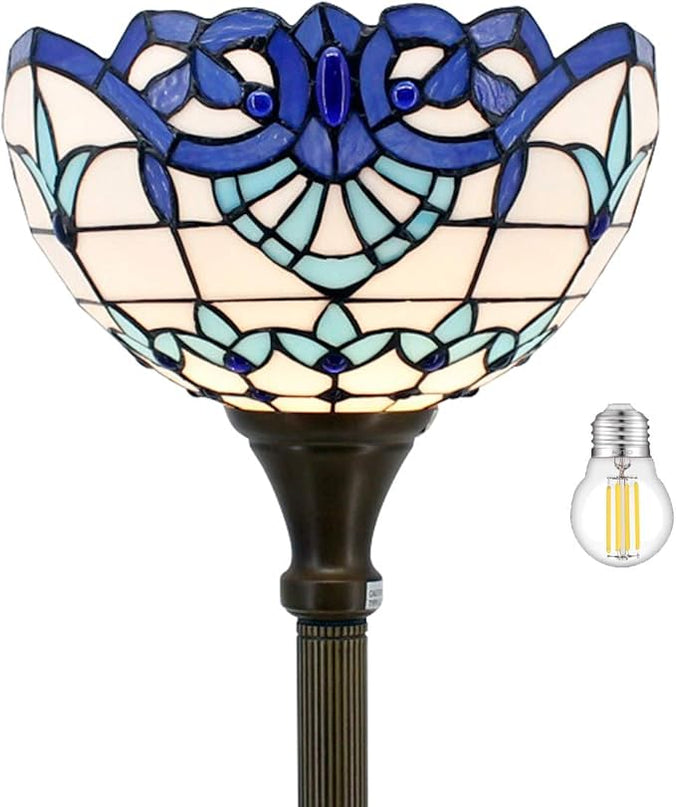 WERFACTORY Tiffany Floor Lamp Navy Blue Baroque Stained Glass Light 12X12X66 Inches Pole Torchiere Standing Corner Torch Uplight Decor Bedroom Living Room Home Office S003B Series - LeafyLoom