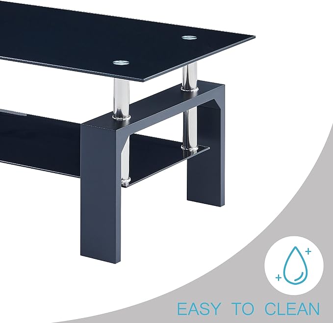 Living Room Rectangle Coffee Table, Tea Table Suitable for Waiting Room, Modern Side Coffee Table with Wooden Leg, Glass Tabletop with Lower Shelf, 39.5D x 23.5W x 17.5H in, Black - LeafyLoom