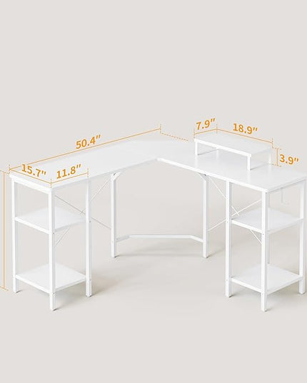 CubiCubi L Shaped Desk, 50.4 inch Computer Corner Desk with 2 Storage Shelves, Home Office Desk with Monitor Stand, White - LeafyLoom