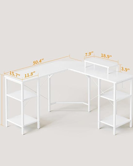 BANTI L Shaped Desk with Shleves, 50.4 inch Large Corner Desk with Two Storage, Space Saving, Easy to Assemble, White - LeafyLoom