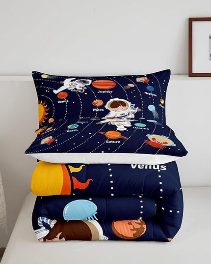 Feelyou Solar System Comforter Set King Size Outer Space Comforter for Kids Teens Adults Universe Planets Bedding Set Cute Astronaut Blue Duvet Set Room Decor 3Pcs with 2 Pillow Case - LeafyLoom