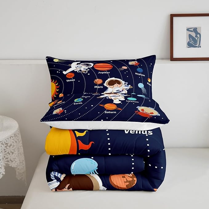 Feelyou Solar System Comforter Set Twin Size Outer Space Comforter for Kids Teens Adults Universe Planets Bedding Set Cute Astronaut Blue Duvet Set Room Decor 2Pcs with 1 Pillow Case - LeafyLoom