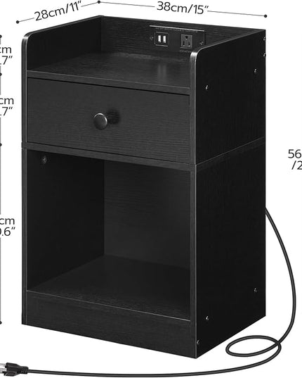 HOOBRO Nightstand with Charging Station, End Table with Drawer and Opening Shelf, Side Table with USB Ports and Outlets, Bedside Table for Bedroom, Small Night Stand Simple Style, Black BK18UBZ01 - LeafyLoom