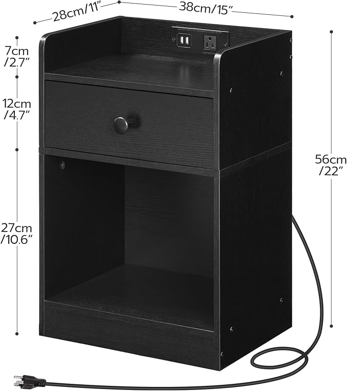 HOOBRO Nightstand with Charging Station, End Table with Drawer and Opening Shelf, Side Table with USB Ports and Outlets, Bedside Table for Bedroom, Small Night Stand Simple Style, Black BK18UBZ01 - LeafyLoom