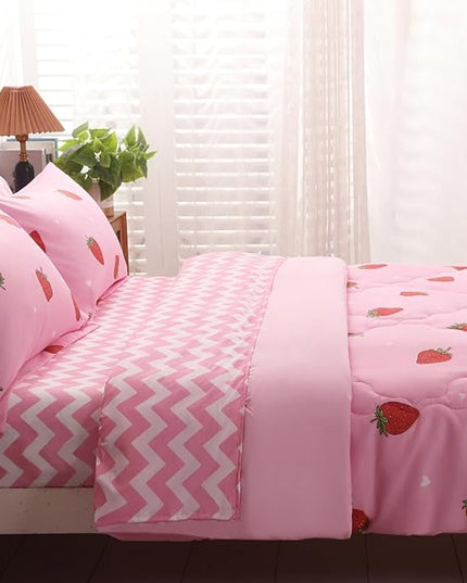 Girls Strawberry Comforter Set Queen Size - 7 Piece Bed in A Bag Bedding Set for Kids Teens - All Season (1 Comforter,1 Flat Sheet,1 Fitted Sheet and 4 Pillow Sham) Pink - LeafyLoom