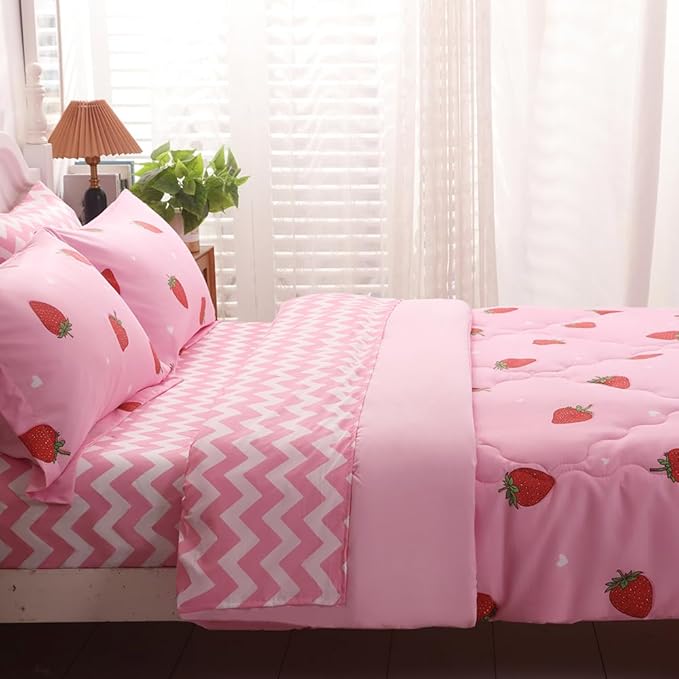 Girls Strawberry Comforter Set Queen Size - 7 Piece Bed in A Bag Bedding Set for Kids Teens - All Season (1 Comforter,1 Flat Sheet,1 Fitted Sheet and 4 Pillow Sham) Pink - LeafyLoom