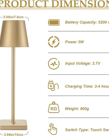 2 Pack Rechargeable Table Lamp, LED Cordless Desk Lamp, 5200mAh Battery Operated Table Light, Aluminum Shell, 3 Color Stepless Dimming Up Waterproof for Coffee Table/Indoor/Outdoor (Gold) - LeafyLoom