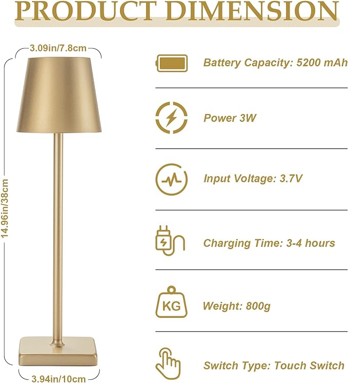 2 Pack Rechargeable Table Lamp, LED Cordless Desk Lamp, 5200mAh Battery Operated Table Light, Aluminum Shell, 3 Color Stepless Dimming Up Waterproof for Coffee Table/Indoor/Outdoor (Gold) - LeafyLoom