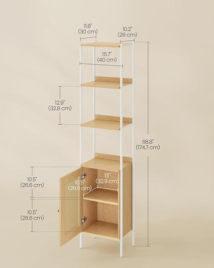 VASAGLE 6-Tier Bookcase, Bookshelf with Rattan-Like Door, Boho Style, Freestanding 15.7-Inch Wide Storage Shelf, Metal Frame, Adjustable Shelf, for Living Room, Oak Beige and Pearl White ULLS122W57 - LeafyLoom