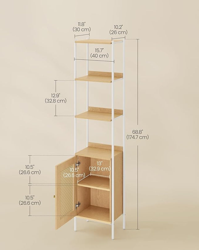 VASAGLE 6-Tier Bookcase, Bookshelf with Rattan-Like Door, Boho Style, Freestanding 15.7-Inch Wide Storage Shelf, Metal Frame, Adjustable Shelf, for Living Room, Oak Beige and Pearl White ULLS122W57 - LeafyLoom