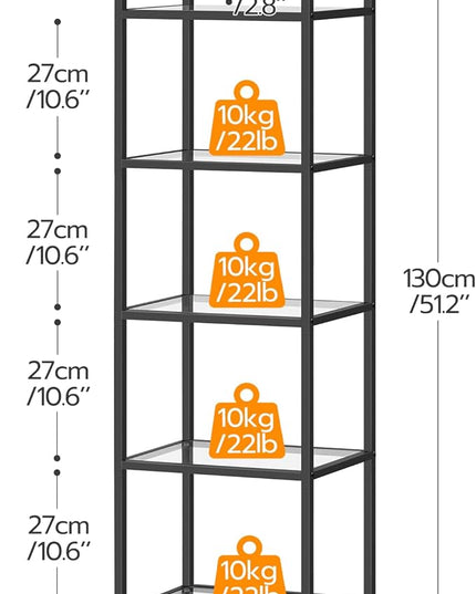 HOOBRO 5-Tier Bookcase, Metal Bookshelf, Tempered Glass Bookshelves, Slim Shelving Unit for Living Room, Narrow Bookshelf for Small Spaces, Storage Rack Display Shelf for Home Office, Black BK45SJ01 - LeafyLoom