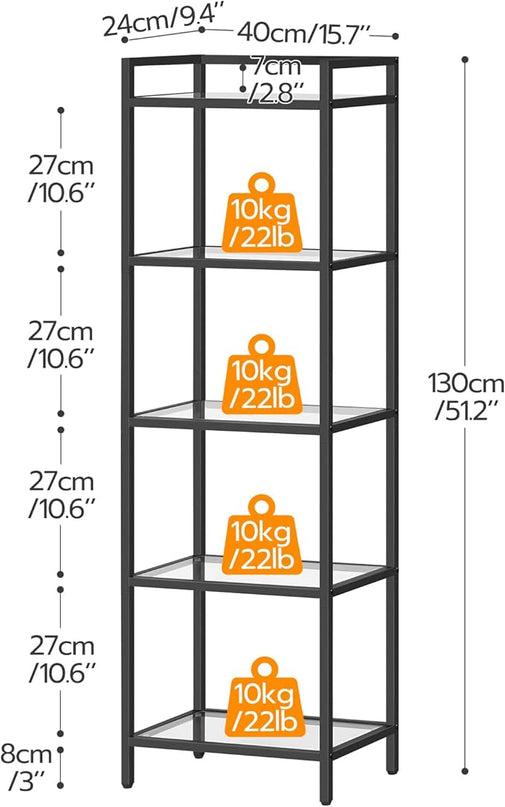 HOOBRO 5-Tier Bookcase, Metal Bookshelf, Tempered Glass Bookshelves, Slim Shelving Unit for Living Room, Narrow Bookshelf for Small Spaces, Storage Rack Display Shelf for Home Office, Black BK45SJ01 - LeafyLoom