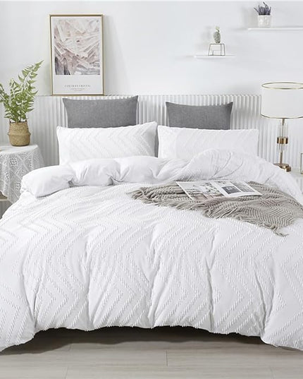 Wellboo White Tufted Jacquard Boho Comforter Set Full Size White Bedding Set Shabby Chic All Season Bed Quilt Women Men White Farmhouse Embroidery Blanket Soft Adult Broken Line Wave Geometry Bed - LeafyLoom