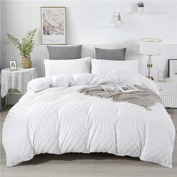 Wellboo White Tufted Jacquard Boho Comforter Set Full Size White Bedding Set Shabby Chic All Season Bed Quilt Women Men White Farmhouse Embroidery Blanket Soft Adult Broken Line Wave Geometry Bed - LeafyLoom