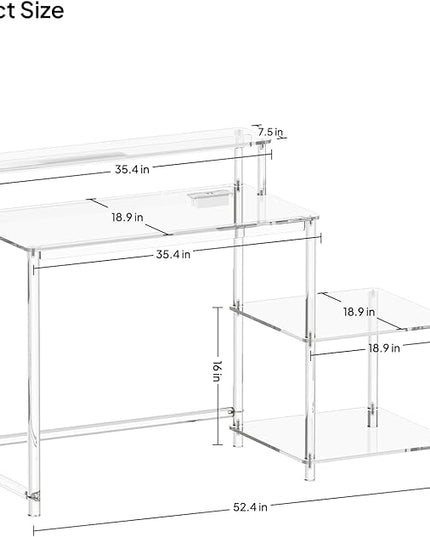Eglaf Acrylic Desk with Printer Space - Home Office Desk Computer Desk with Power Outlet, Monitor Stand, for Study Working Writing Gaming, 44.5'' L x 18.9'' W x 35.8'' H, Clear - LeafyLoom