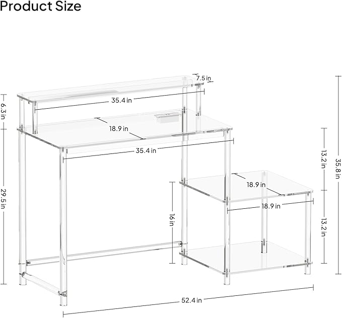 Eglaf Acrylic Desk with Printer Space - Home Office Desk Computer Desk with Power Outlet, Monitor Stand, for Study Working Writing Gaming, 44.5'' L x 18.9'' W x 35.8'' H, Clear - LeafyLoom