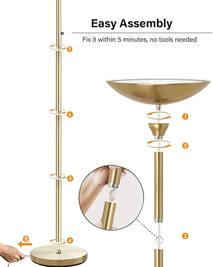 BoostArea Torchiere Floor Lamp Gold, 24W Super Bright LED Standing Lamp, 3000K Stepless Dimmable Pole Lamp with Rotary Switch, 70 Inch Tall Metal Modern Floor Lamps for Living Room/Bedroom/Office/Den - LeafyLoom