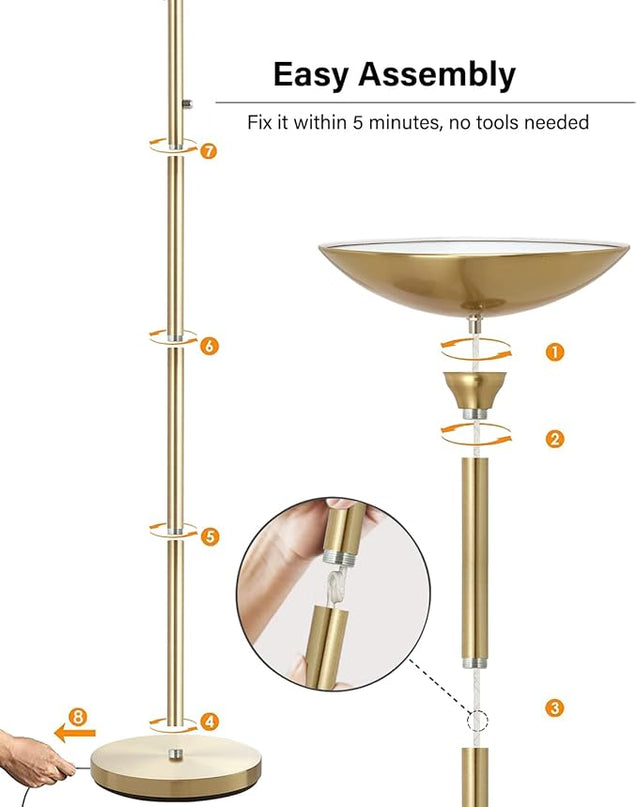 BoostArea Torchiere Floor Lamp Gold, 24W Super Bright LED Standing Lamp, 3000K Stepless Dimmable Pole Lamp with Rotary Switch, 70 Inch Tall Metal Modern Floor Lamps for Living Room/Bedroom/Office/Den - LeafyLoom