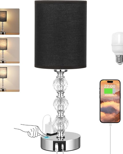 Black Touch Bedside Lamps for Bedrooms - Crystal Table Lamp with USB C+A Charging Port and AC Outlet Nightstand, 3 Way Dimmable Silver Small End Side Table Lamp for Living/Guest/Dinning Room/Kitchen - LeafyLoom