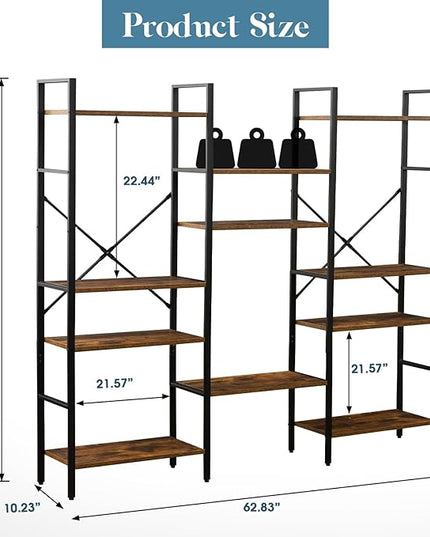Triple Wide 4-Tier Bookshelf, Large Industrial Bookcase with 11 Open Display Shelves with Metal Frame for Living Room Bedroom Kitchen Office, Rustic Brown - LeafyLoom